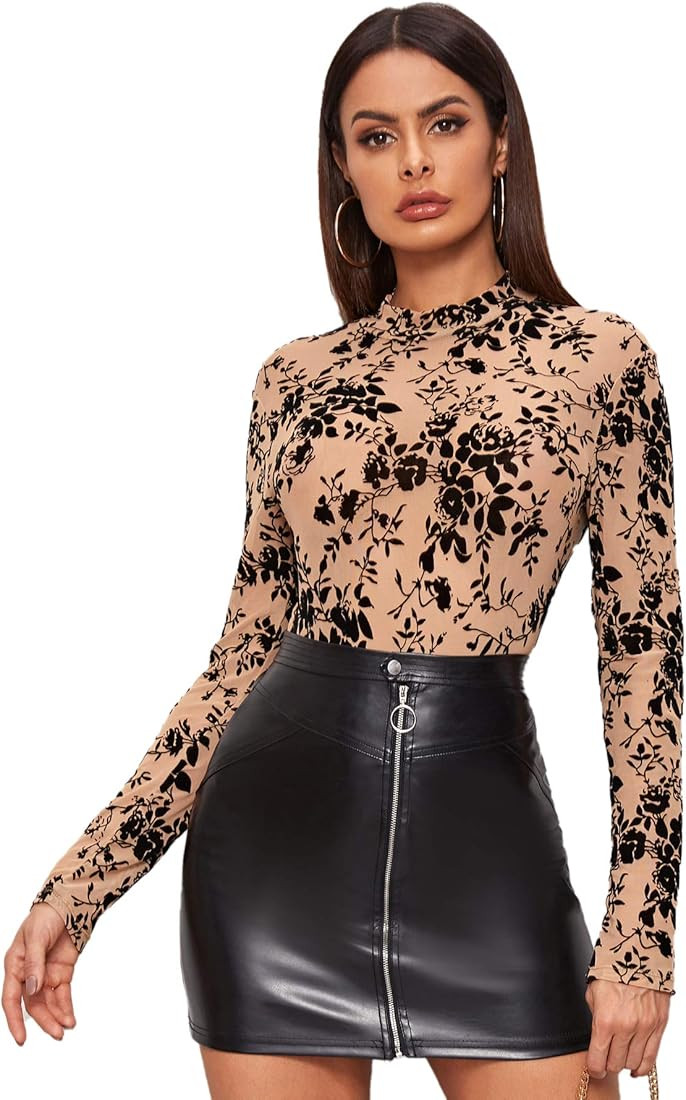 SweatyRocks Women's Long Sleeve Floral Flocked See Through Sheer Mesh Top | Amazon (US)