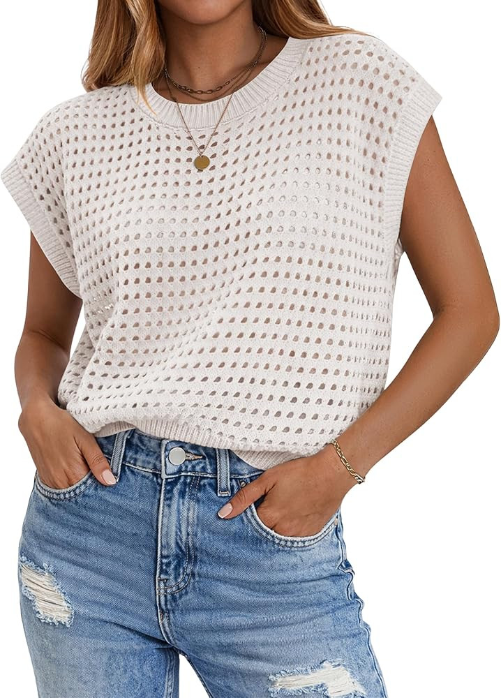 Zeagoo Womens Spring Summer Crochet Tops Cap Sleeve Sweater Vest Hollow Out Pullover Shirts Beach... | Amazon (US)