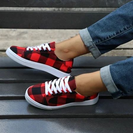 Women s Casual Canvas Shoes Flat Bottom Leopard Print Plaid Shoes Slip On Lace Up Round Toe Shoes | Walmart (US)