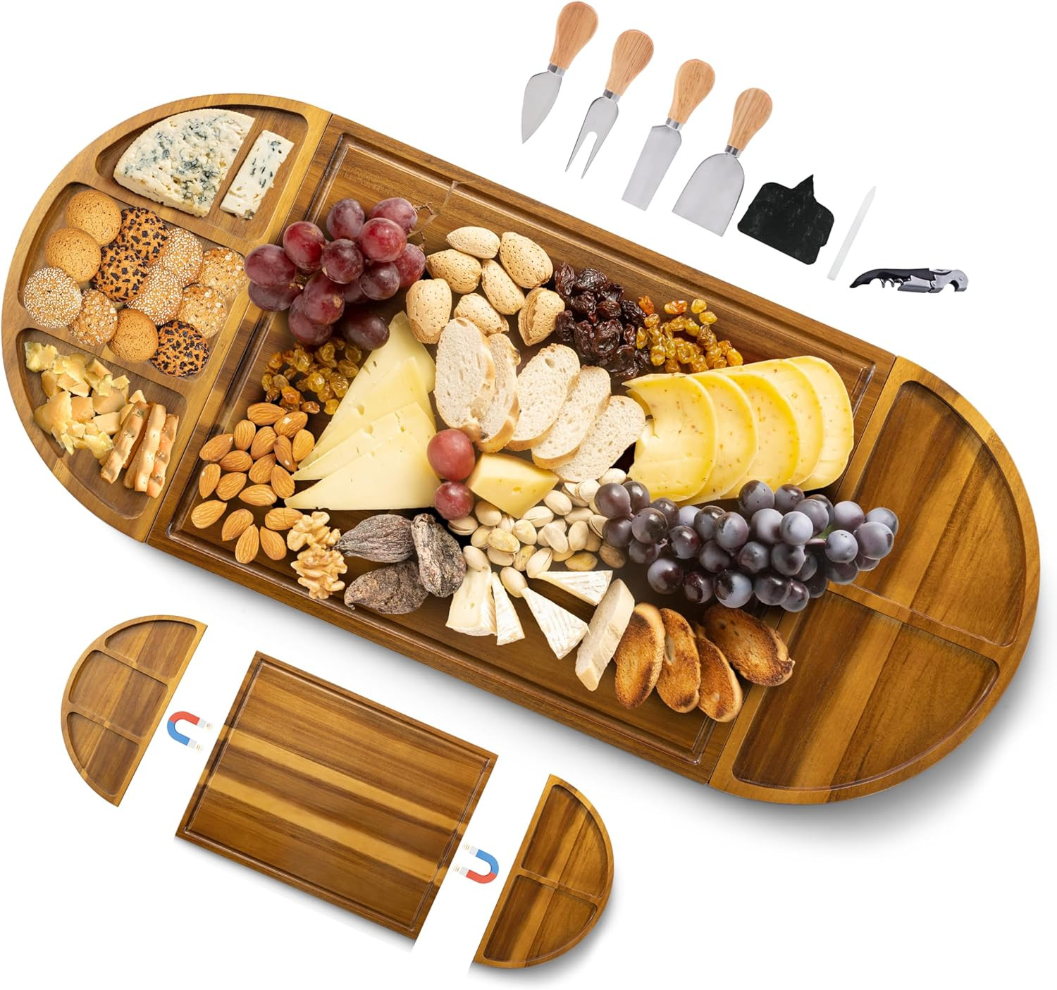 Extra Large Charcuterie Boards, 30'' x 13'' Acacia Cheese Board 3 Part Magnetic Long & Round Boar... | Amazon (US)