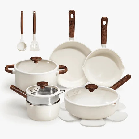 Carote 15-Piece Ceramic Cookware Set, Nonstick Pots and Pans with Steamer, White | Walmart (US)