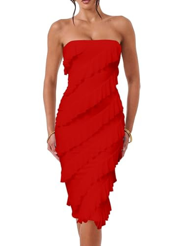 HOCILLE Women's Sexy Strapless Tube Top Bodycon Sleeveless Ruffle Midi Party Cocktail Dress, X-Small, Red | Amazon (US)