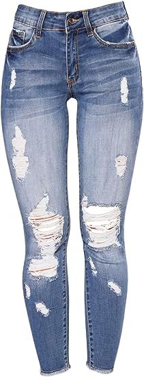 Andongnywell Women's Stretchy Ripped Hole Skinny Jeans Butt Lifting Distressed Denim Pants with P... | Amazon (US)