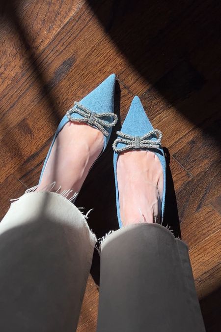 Denim and rhinestone bow kitten heels, springtime kitten heel, dressy shoes, fancy heels, comfortable kitten heel 〰️ true to size 

#LTKunder100 #LTKshoecrush