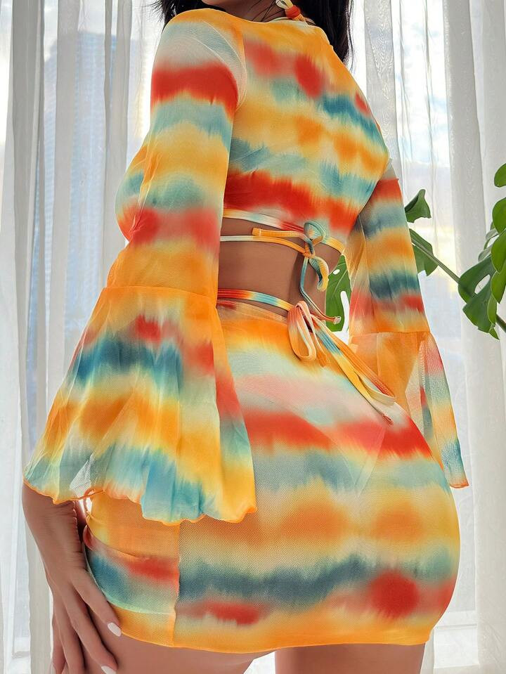 Tie Dye Halter Triangle Bikini Swimsuit With Cover Up Set | SHEIN