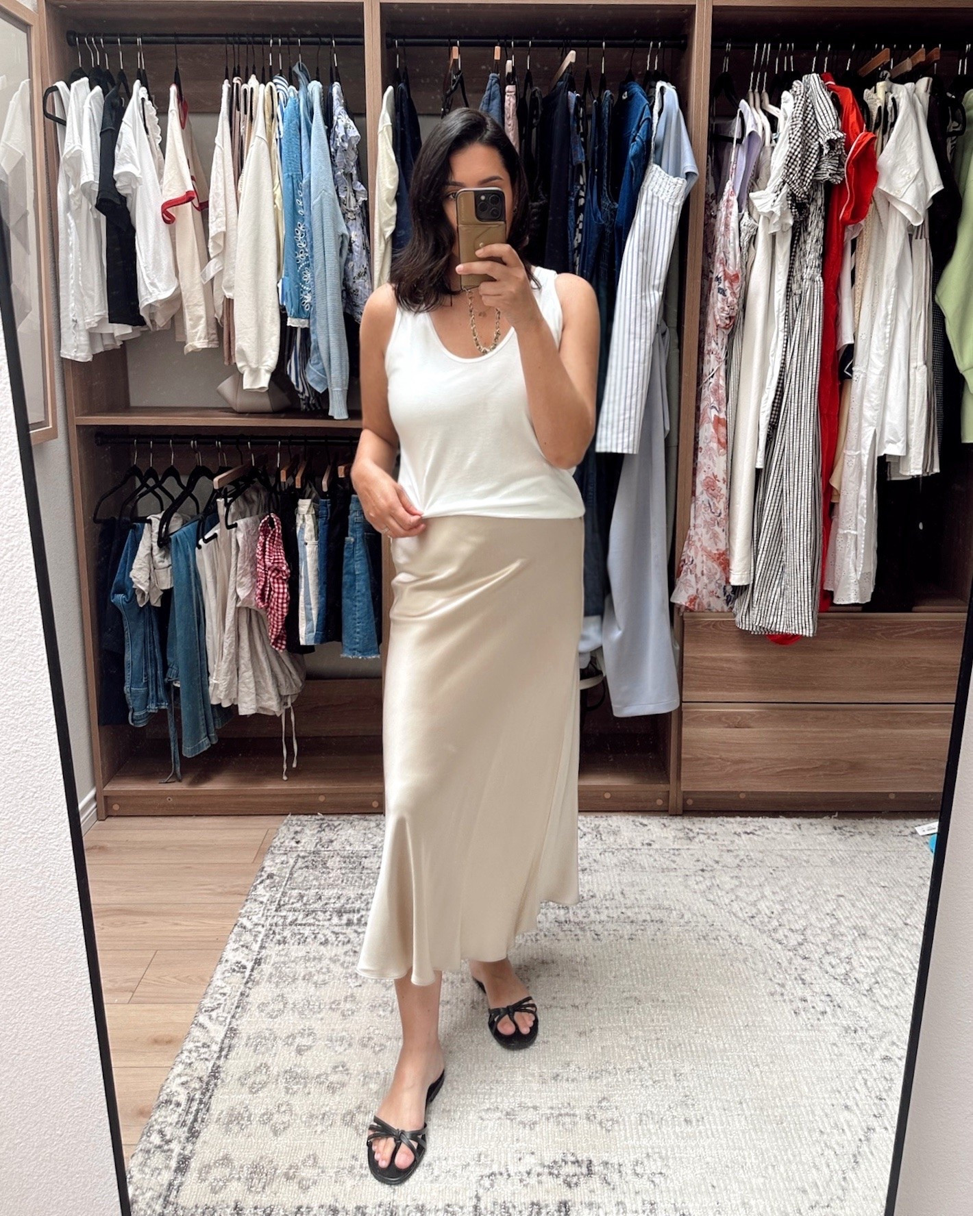 I love this color silk from Quince. I actually have this hue in the mini skirt and the silk pants. It’s just a favorite of mine because it’s so easy to pair with anything. It works year round, too! I’ve been wanting this long maxi and ended up getting it in the large. I have a large in all the silk pieces, as I find they run just a touch snug so I size up. Gorgeous hue and weight! It’s a bit thicker than the mini skirt as far as weight goes.