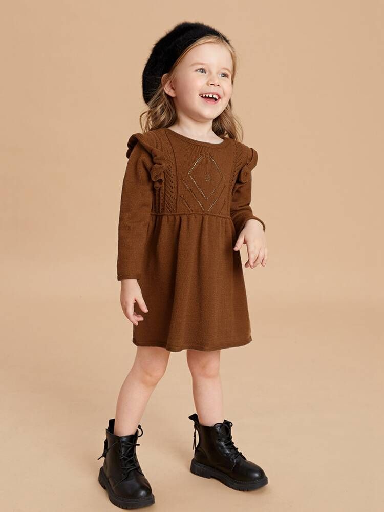 SHEIN Toddler Girls Ruffle Trim Pointelle Knit Sweater Dress | SHEIN