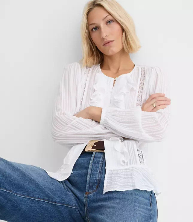 Floral Lace Trim Ruffle Blouse | LOFT