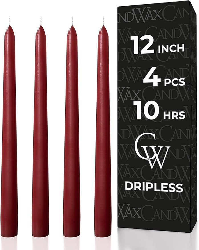 CANDWAX 12 inch Burgundy Taper Candle Pack of 4 - Unscented Smokeless Dripless Candlesticks - Can... | Amazon (US)