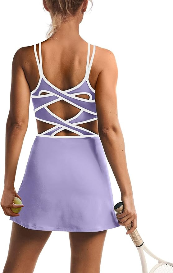 ReachMe Womens Fashion Tennis Dress Workout Dresses with Built in Shorts and Bra Athletic Romper ... | Amazon (US)