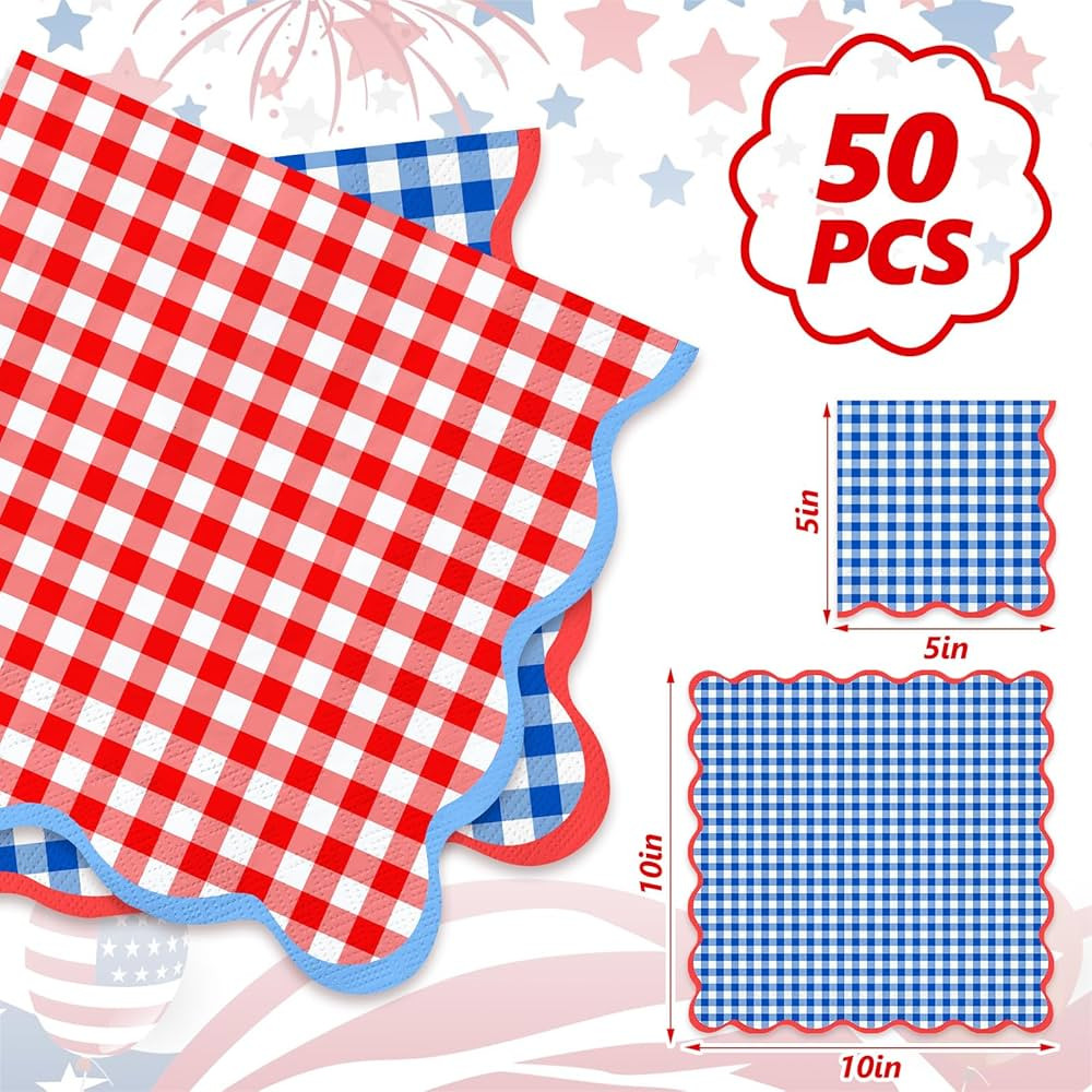 FYSUIMU 50Pcs Patriotic Scalloped Cocktail Napkins Red Blue Plaid Disposable Napkin 4th of July G... | Amazon (US)