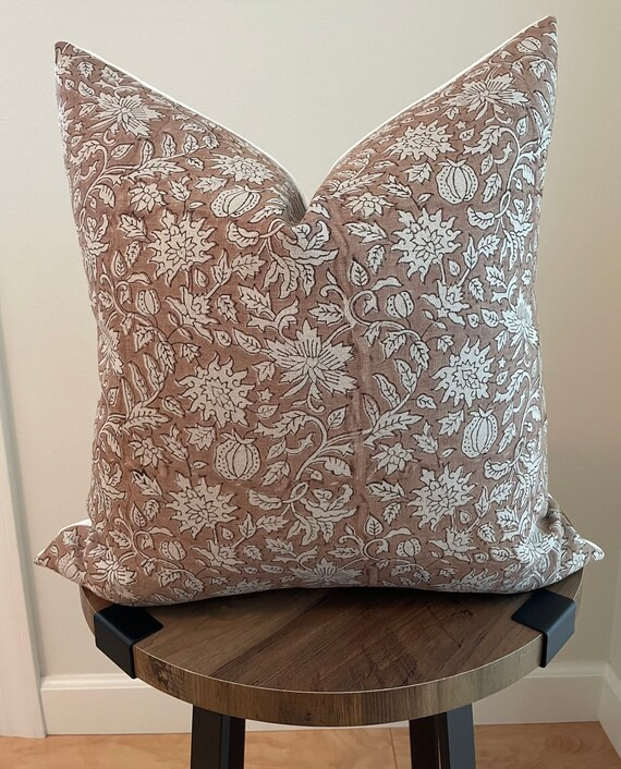 Designer hand blocked pillow cover | tan   on natural linen | Etsy (US)