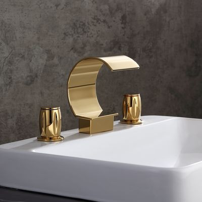 Mooni Modern Waterfall Widespread 2-Handle Bathroom Sink Faucet in Gold Solid Brass-Homary | Homary