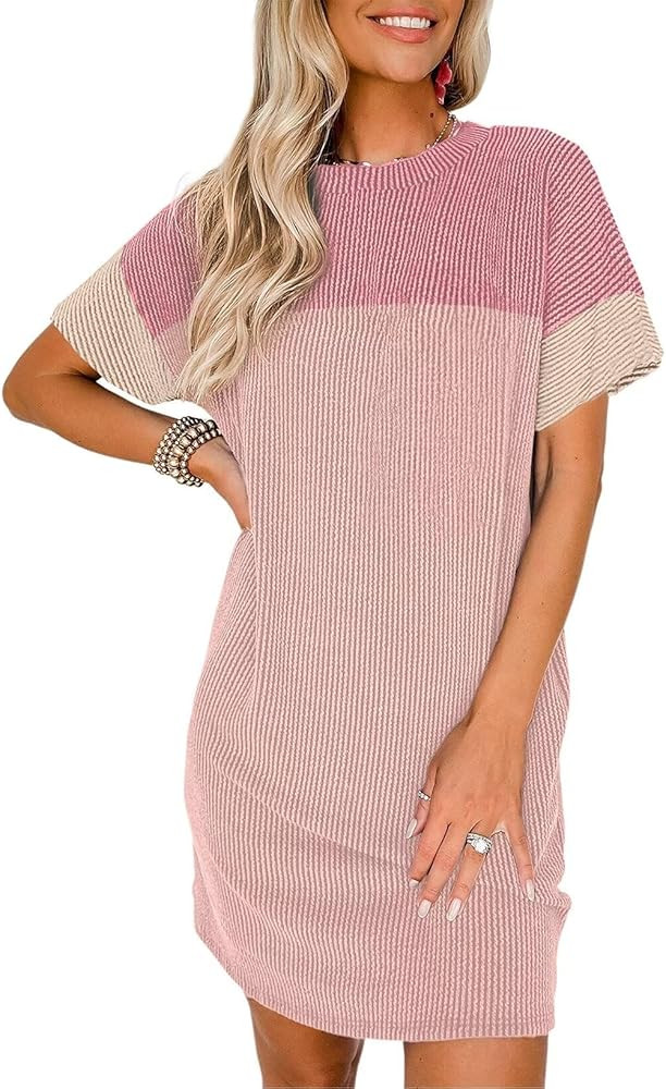 Acelitt Womens Casual Summer Crewneck Short Sleeve Ribbed Mini Tshirt Dress, XS-3XL | Amazon (US)