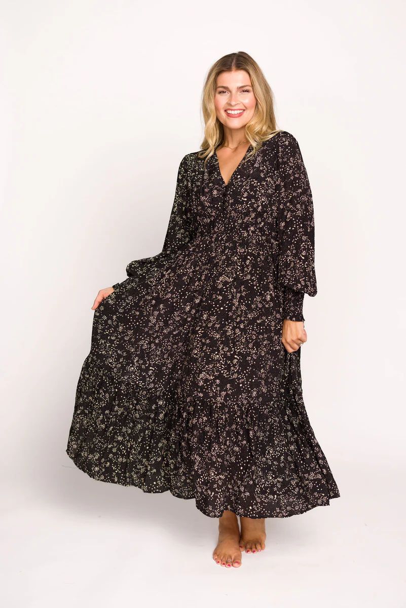 Florence Floral Button Down Long Sleeve Maxi Dress in Black | Worth Collective