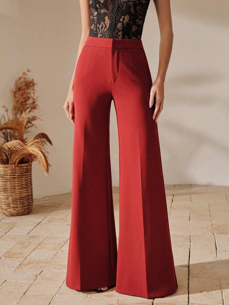 Anewsta Women's High-Waisted Flared Pants In Wine Red, Flowing Drape Effect, Suitable For Commuting, Dating, Gatherings And Daily Wear Trousers | SHEIN USA | SHEIN