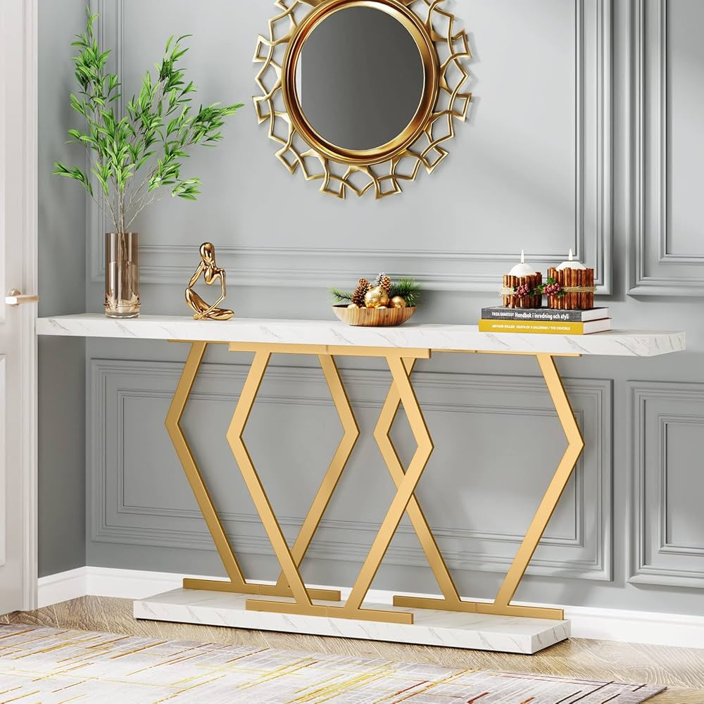 Tribesigns 70.9 Inch Extra Long Sofa Table， White and Gold Console Table with Faux Marble Table... | Amazon (US)