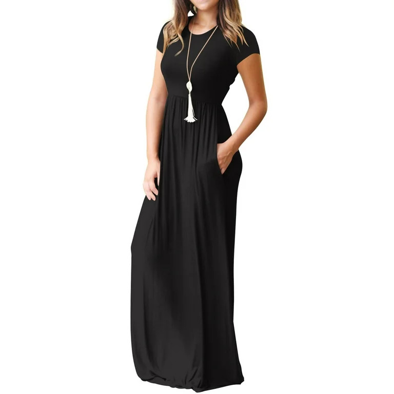 Mengpipi Women's Maxi Dresses Short Sleeve Long Casual Dresses Loose Plain with Pockets, Black-L(... | Walmart (US)