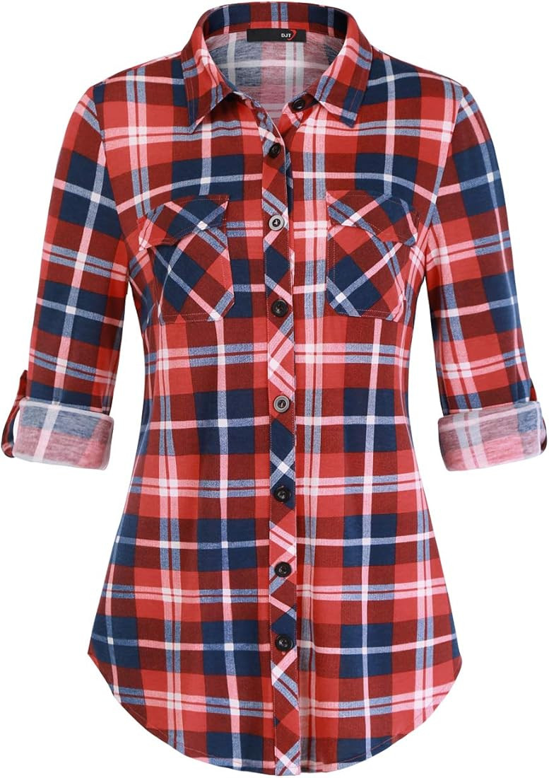 DJT Womens Soft Stretchy Plaid Shirts Roll Up Long Sleeve Collared Button Down Blouses | Amazon (US)