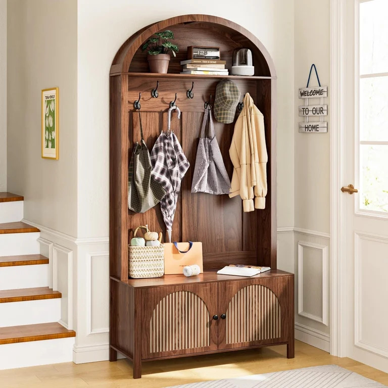 Hall Tree with Bench & Shoe Storage, 71" Arch Entryway Coat Rack with 4 Hooks & 2 Fluted Doors, F... | Walmart (US)