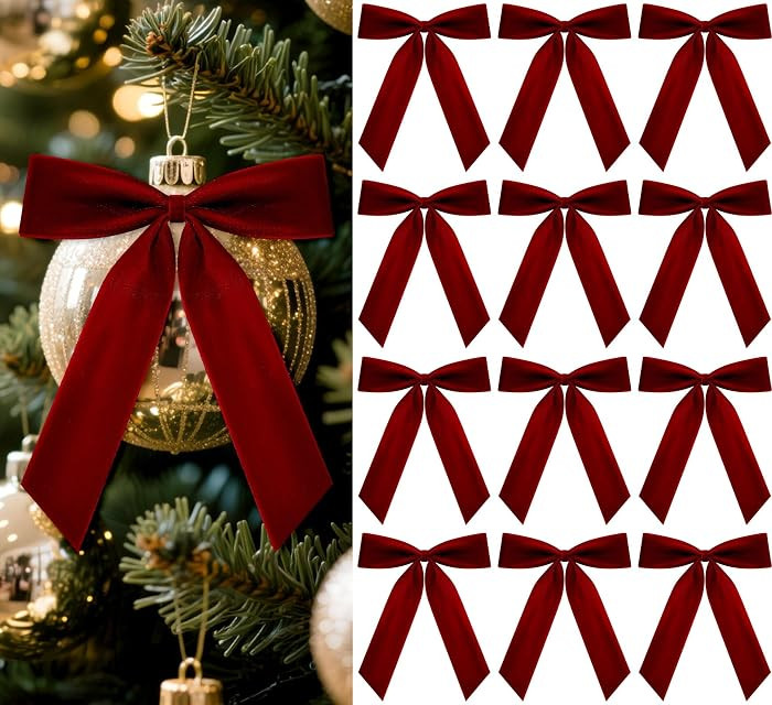 12 Pcs Burgundy Velvet Ribbon Bows 7 x 10 Inch Premade Christmas Velvet Bows with Twist Tie for G... | Amazon (US)