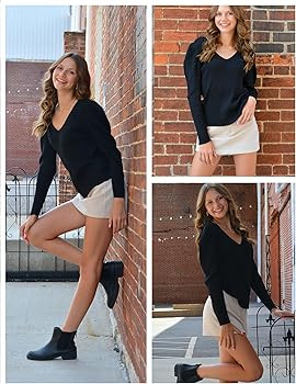 Zeagoo V Neck Sweaters for Women 2023 Casual Puff Sleeve Pullover Sweater Solid Soft Slim Fit Jum... | Amazon (US)