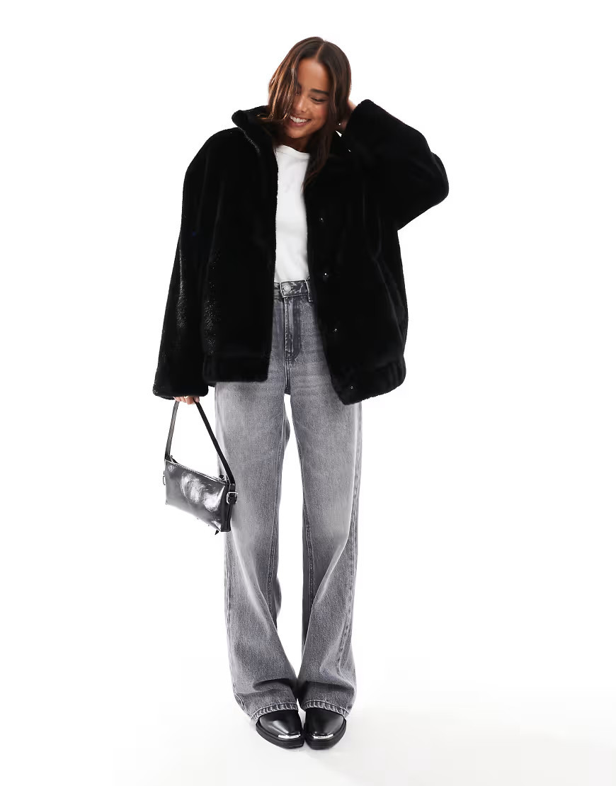 Miss Selfridge faux fur oversized bomber jacket in black | ASOS (Global)