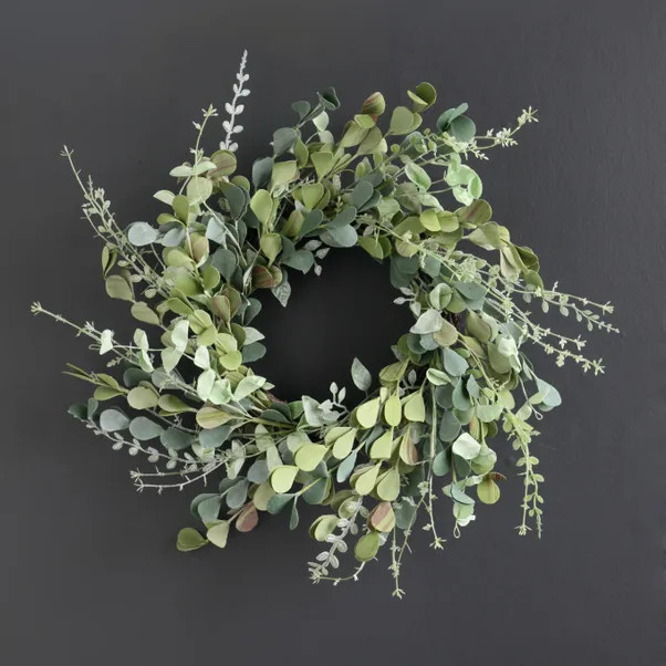 46cm Artificial Mixed Green & Eucalyptus Wreath on Rattan Base | Dunelm (migrated)