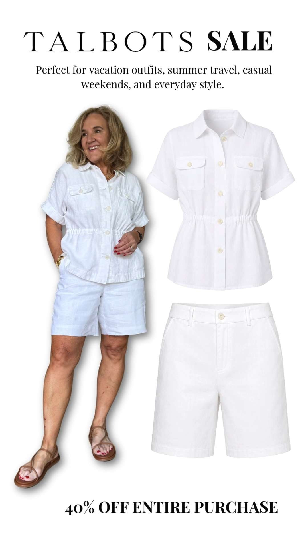This all-white Talbots set is crisp, classic, and perfect for staying cool while looking polished. 

And right now, it's included in the Talbots 40% OFF Entire Purchase Sale! 🫶🏻 

 #LTKootd #LTKOver40 #LTKSaleAlert