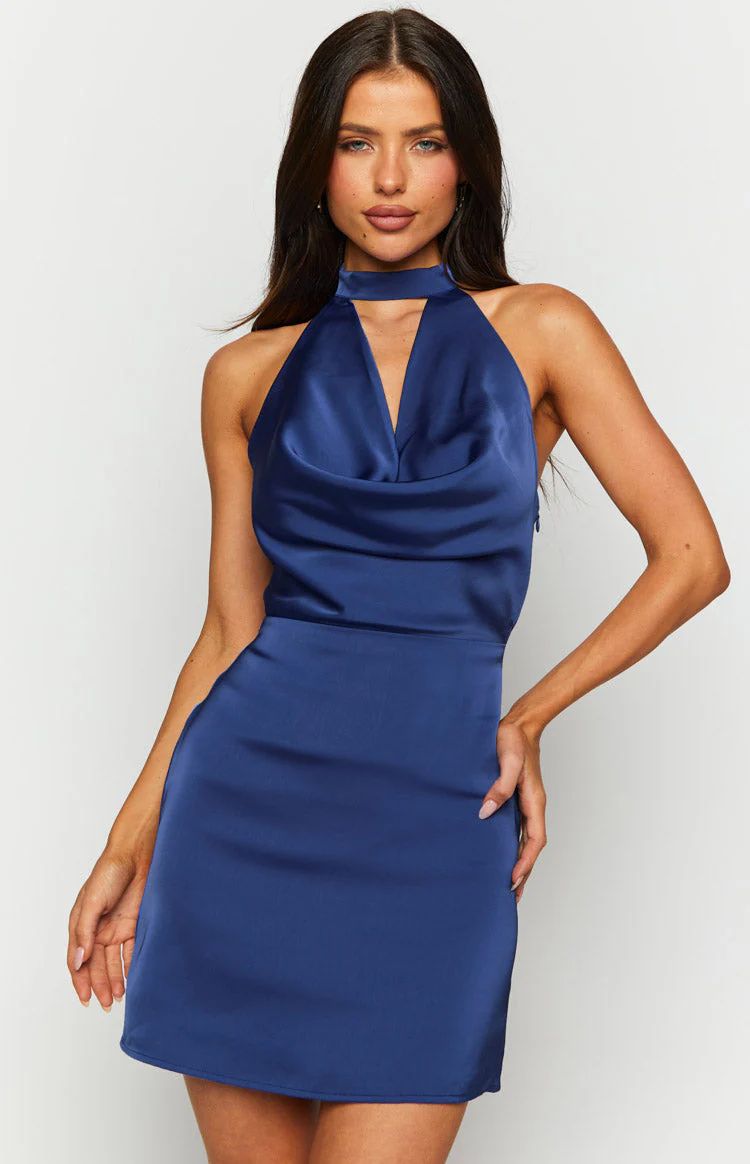 Kai Blue Satin Halter Mini Dress | Beginning Boutique (US)