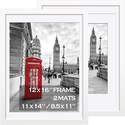 12x16 White Picture Frames Wood Display Pictures 11x14 or 8.5x11 with Mat or 12x16 Without Mat, Pict | Amazon (US)
