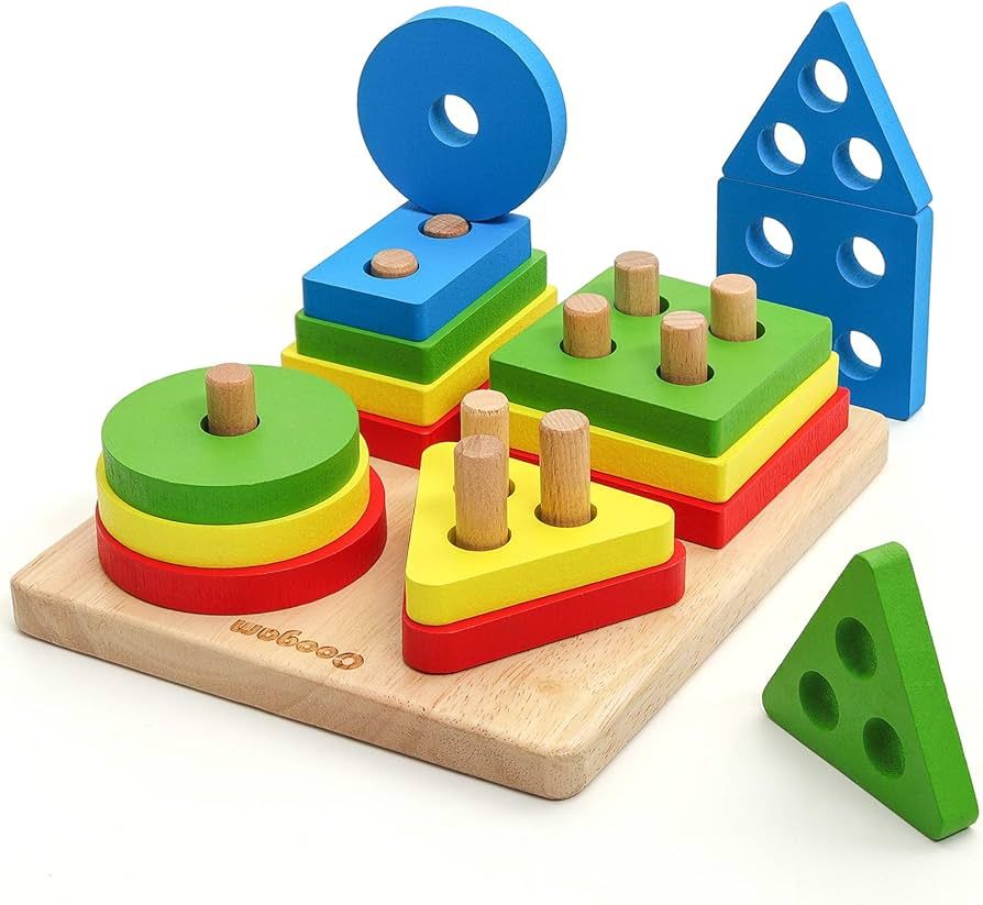 Amazon.com: Coogam Wooden Sorting Stacking Montessori Toys, Shape Color Recognition Blocks Matchi... | Amazon (US)