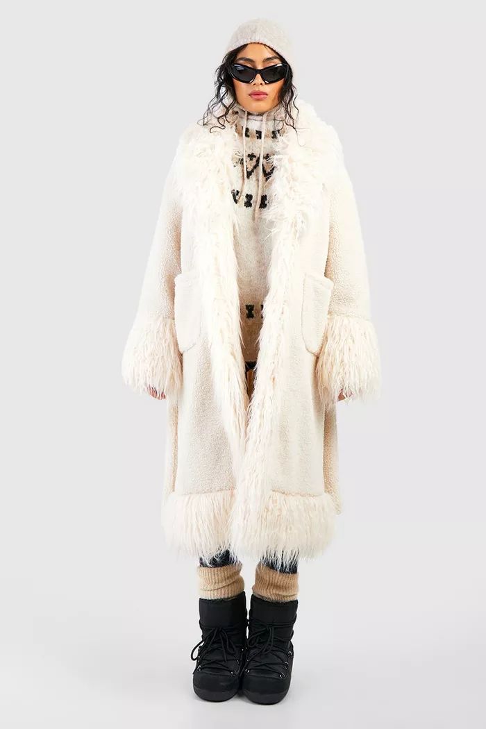 Oversized Faux Fur Detail Coat | boohoo (US & Canada)
