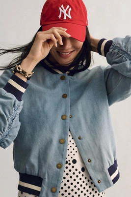 DOLAN Ruched-Sleeve Denim Varsity Bomber Jacket | Anthropologie (US)