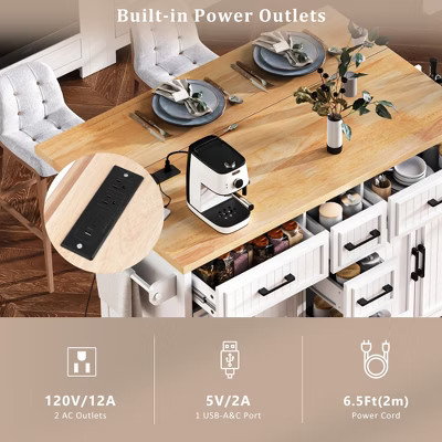 Whisen 56.5" Kitchen Island with Drop Leaf, Power Outlet, Embossed Stripe Design and Wheels - White | Target