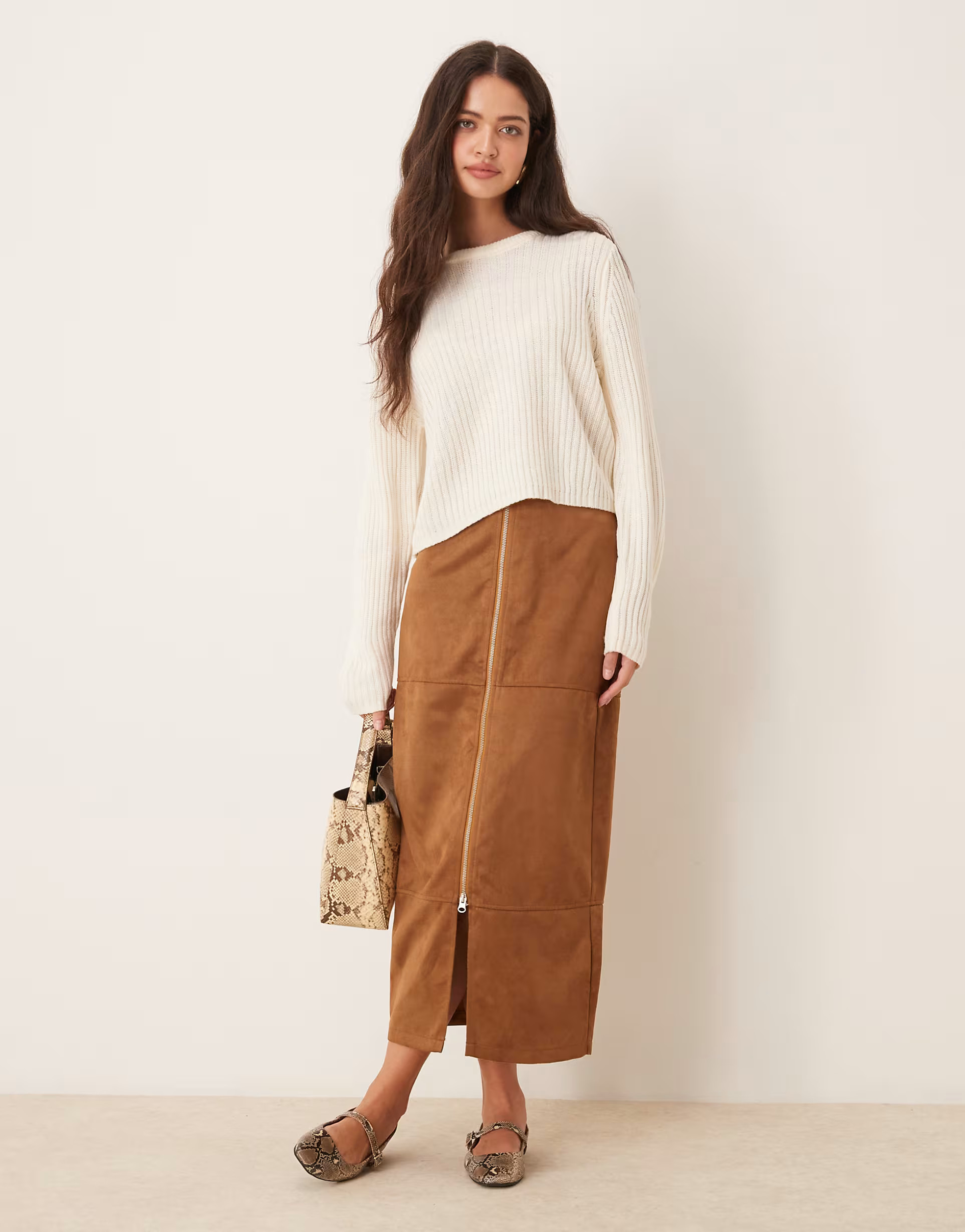 ASOS DESIGN zip detail suedette maxi skirt in brown | ASOS (Global)