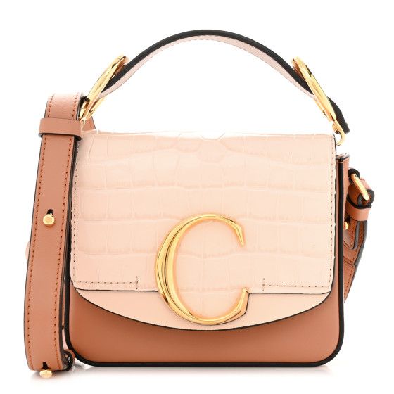 Calfskin Crocodile Embossed Mini C Double Carry Cement Pink | FASHIONPHILE (US)