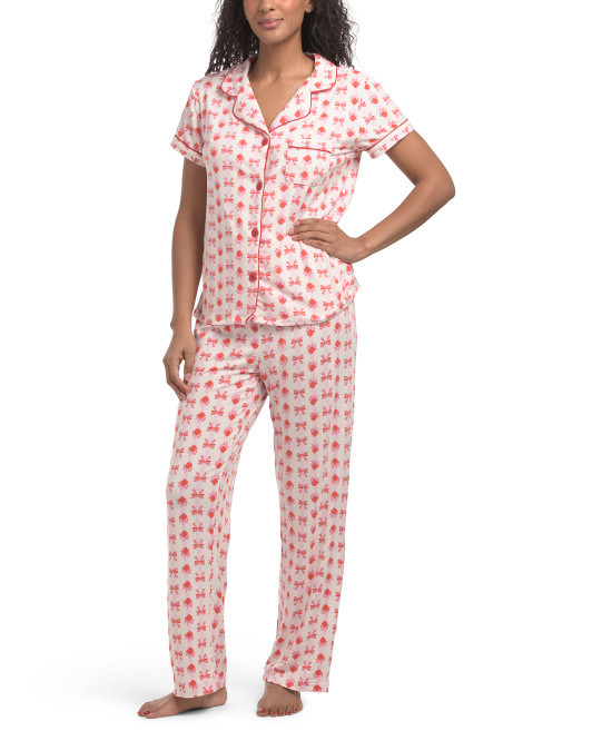 2pc Bow Print Short Sleeve Notch Collar Pajama Set | TJ Maxx
