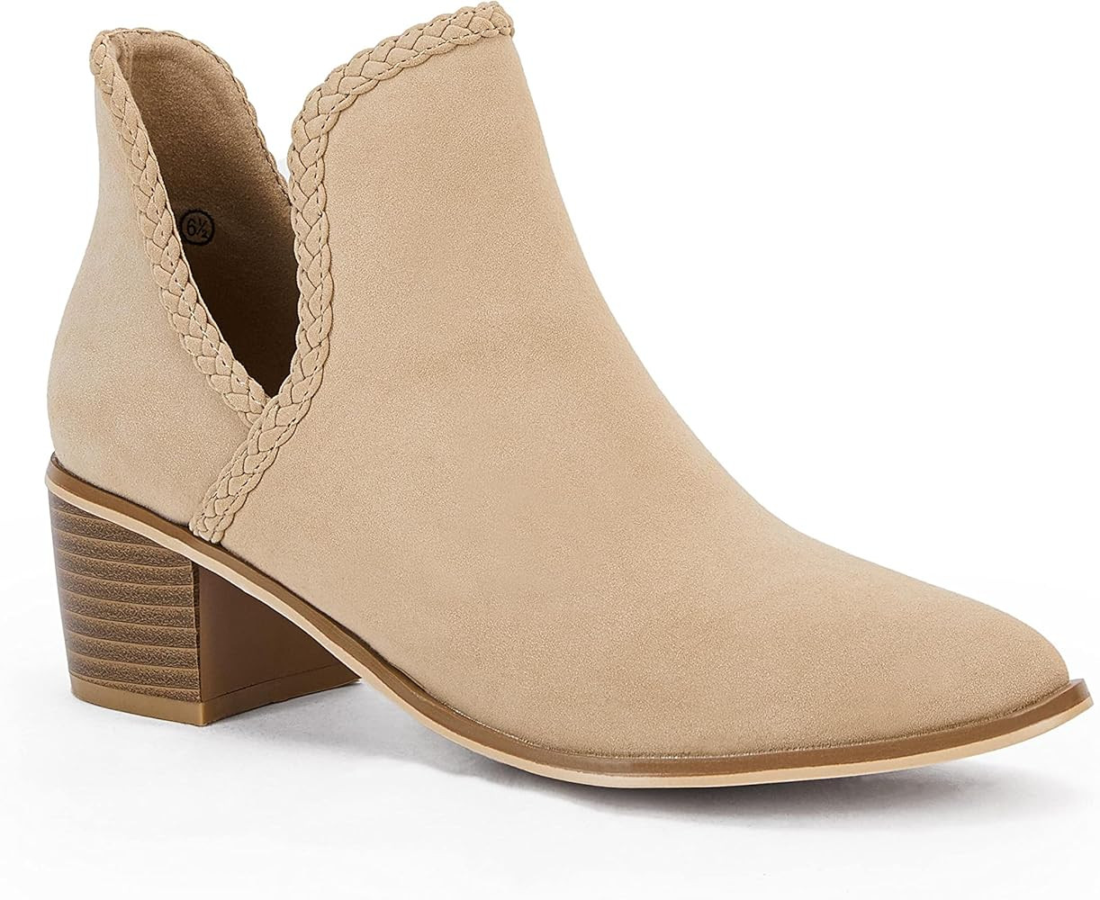 Womens Cutout Ankle Boots Pointed Toe Slip On Chunky Low Heel Booties Fall Winter Casual Suede Sh... | Amazon (US)