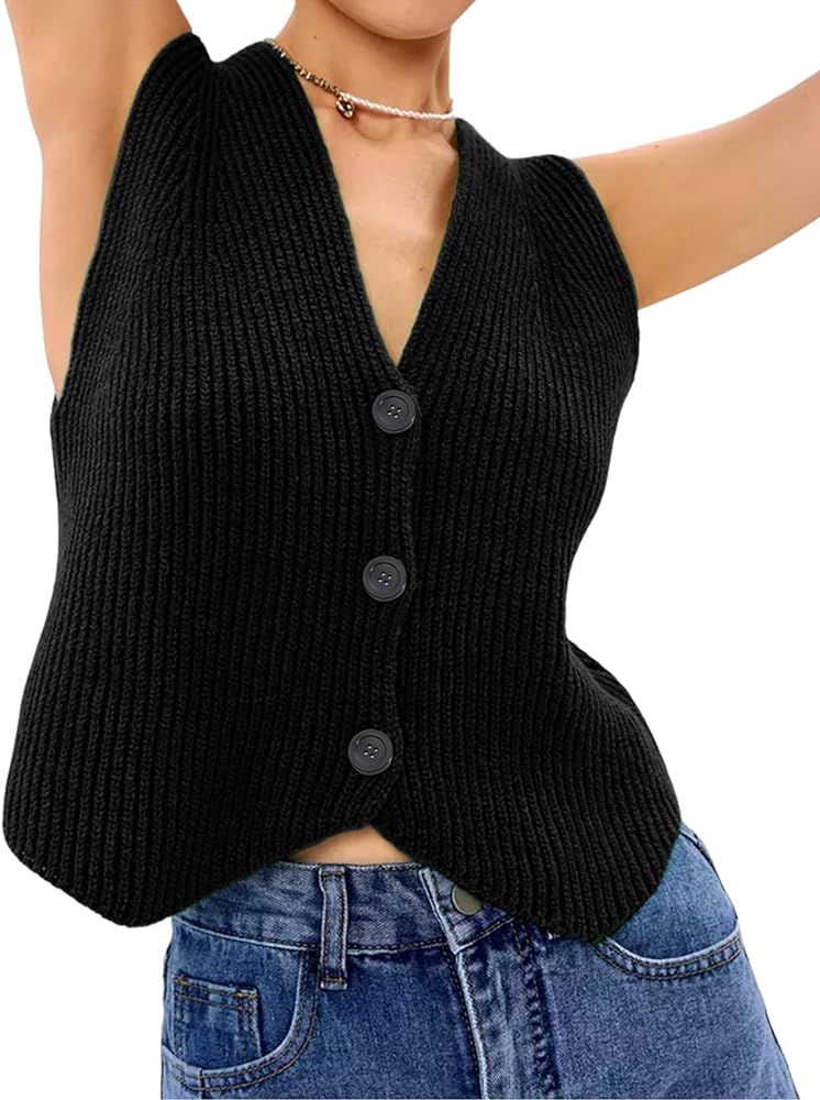 Athlisan Womens Casual Sleeveless Knit Vest Loose Button Down V Neck Stripe Fashion Tops | Amazon (US)