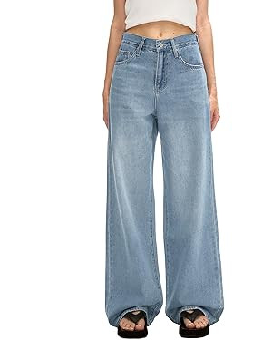 Women's Adjustable Wasit Baggy Jeans with Snap-Button Waistband Wide Straight Leg High Rise Jeans... | Amazon (US)