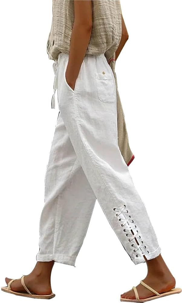 BIRW Size 2XL White Lace Up Womens Linen Pants with Pockets High Waist Comfy White Gauze Pants fo... | Amazon (US)
