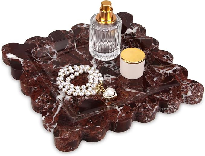 Square Marble Decorative Tray with Scalloped Edge,Luxury Natural Stone Bathroom Vanity Tray, Dres... | Amazon (US)