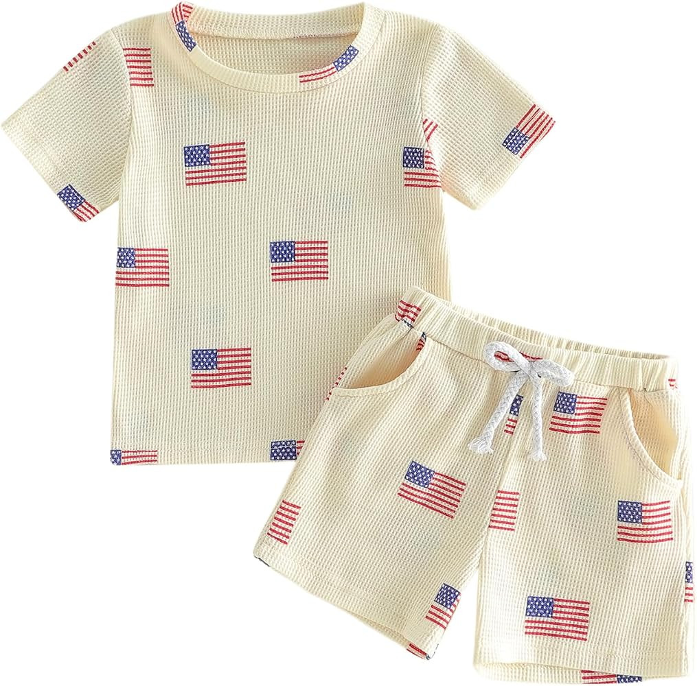 Toddler Baby Boy 4th of July Outfits Flag Waffle Short Sleeve T-Shirts Elastic Waist Shorts Sets ... | Amazon (US)