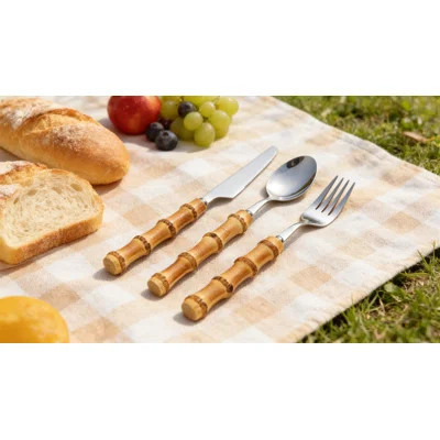 Bamboo Handle Stainless Steel Flatware Set With Cutlery Rack, 24-Piece Kitchen Silverware Set Including Knives, Forks, Spoons, And Teaspoons | Wayfair North America
