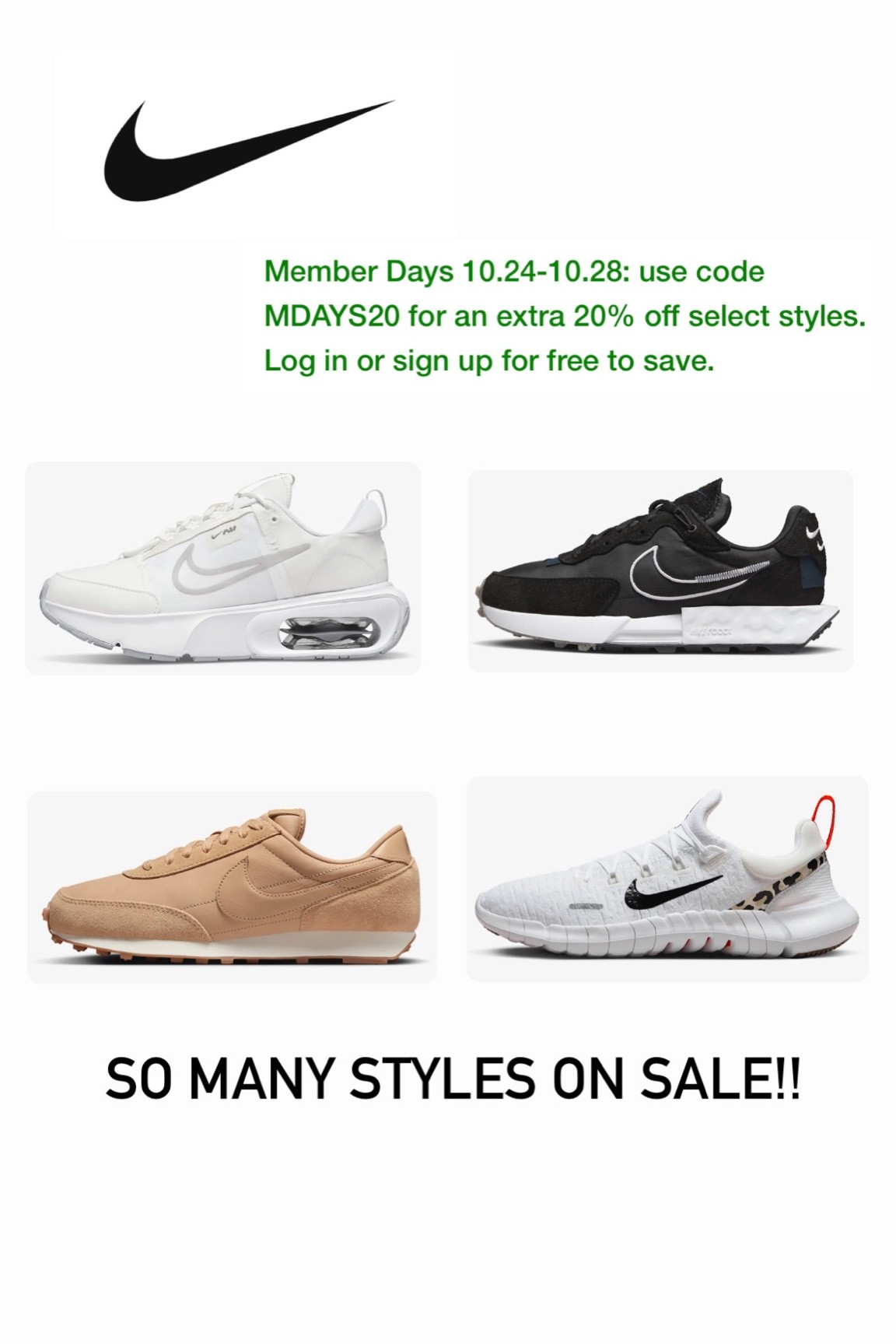 Nike sale 
Neutral sneakers 
Tan sneakers 
White sneakers 
Black sneakers 

#LTKunder100 #LTKshoecrush #LTKsalealert