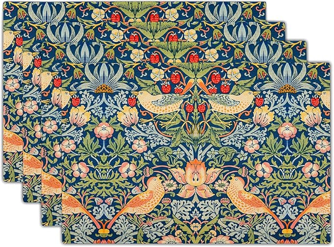 Strawberry Blue Green Pimpernel Placemats Set of 4 Chinoiserie Floral Bird Colorful Linen Washabl... | Amazon (US)