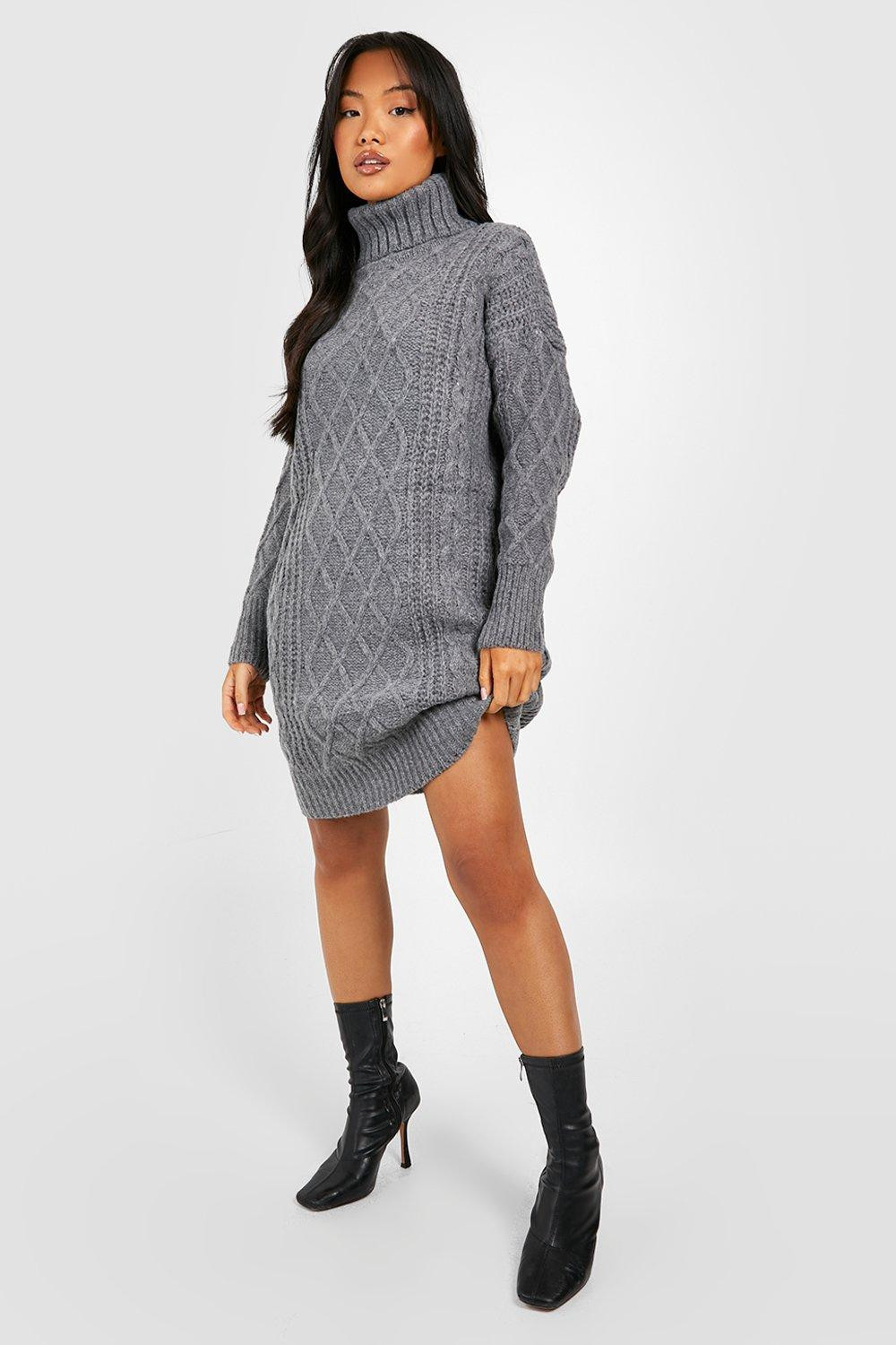 Womens Petite Turtleneck Diamond Cable Knit Sweater Dress - Grey - S/M | Boohoo.com (US & CA)