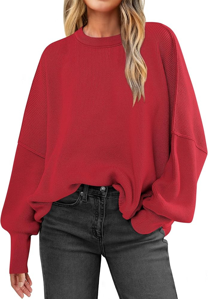 ANRABESS Women Crewneck Batwing Long Sleeve 2024 Fall Oversized Side Slit Ribbed Knit Pullover Sw... | Amazon (US)