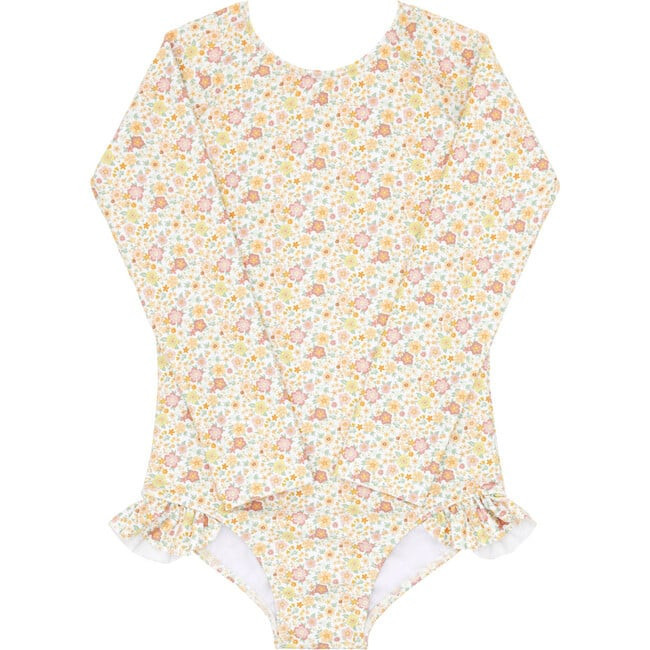 Minnow | Marigold Floral Print Long Sleeve Ribbon Back Tie Rashguard One-Piece, (Yellow, Size 12M) | Maisonette | Maisonette